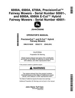 John Deere 6080A; 6500A; 6700A PrecisionCut (serial 50001+); 6080A; 6500A E-Cut Hybrid (serial 40001+) Mower Operator manual OMUC31863E — actual manual cover