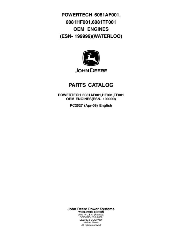 John Deere 6081AF001, 6081HF001, 6081TF001 Engine Parts catalog PC2527 — actual manual cover