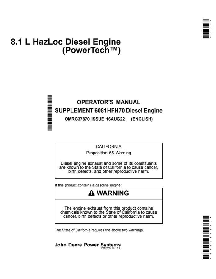 John Deere 6081HFH70 Diesel engine Operator Manual OMRG37870 — actual manual cover