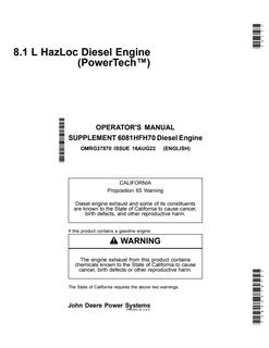 John Deere 6081HFH70 Diesel engine Operator Manual OMRG37870 — actual manual cover