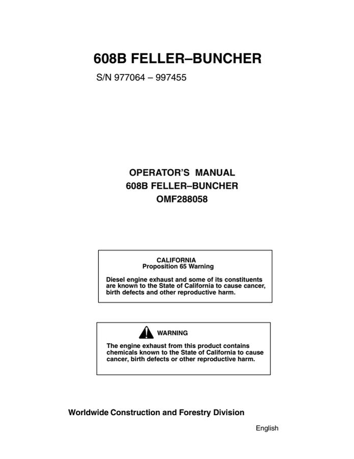 John Deere 608B Feller-Buncher Feller buncher Operator manual OMF288058 — actual manual cover