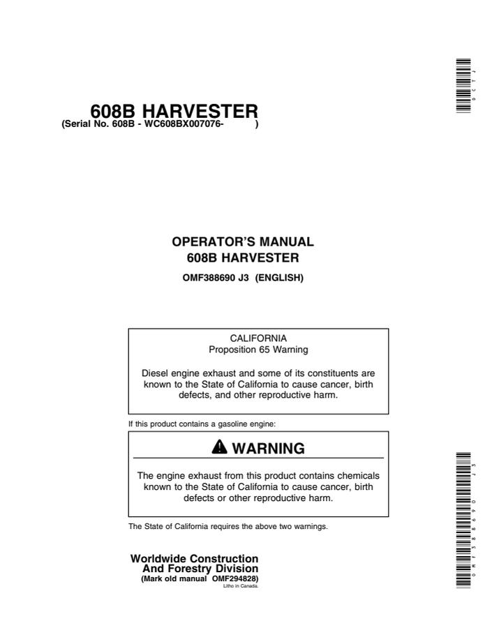 John Deere 608B Harvester Harvester Operator manual OMF388690 — actual manual cover