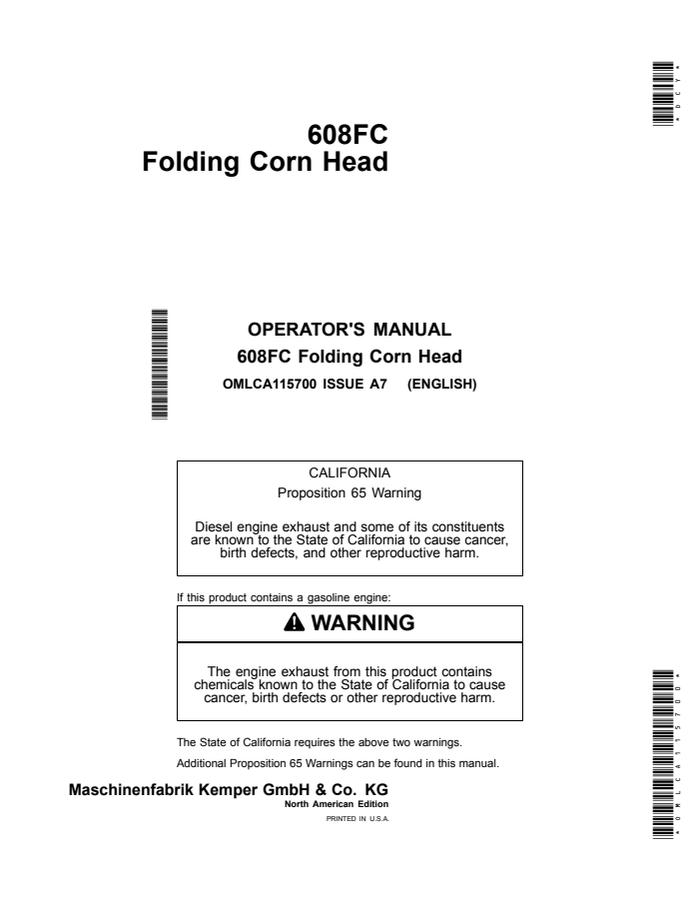 John Deere 608FC Corn head Operator manual OMLCA115700 — actual manual cover