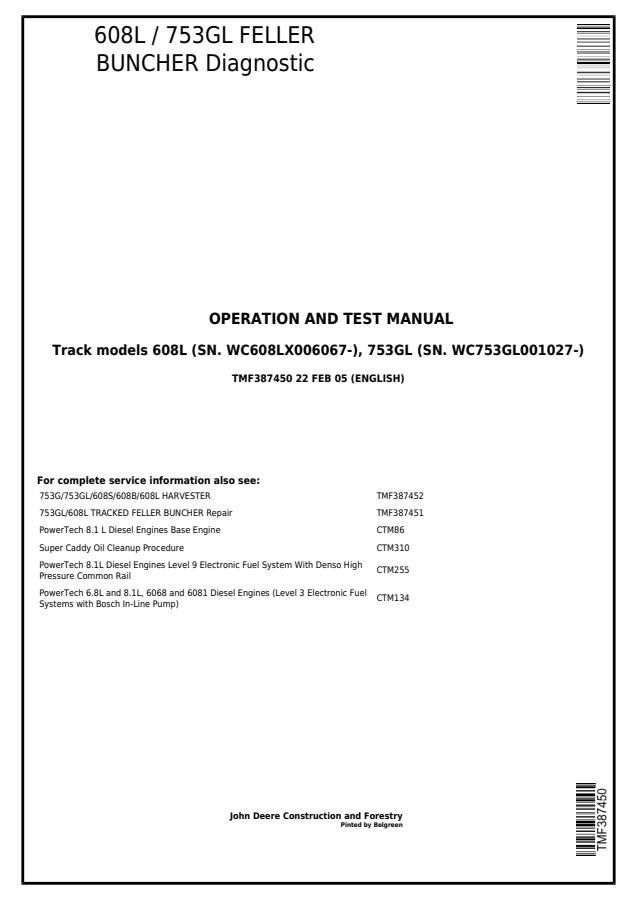 John Deere 608L 753GL Feller Buncher Diagnostic Operation and Test Manual — actual manual cover