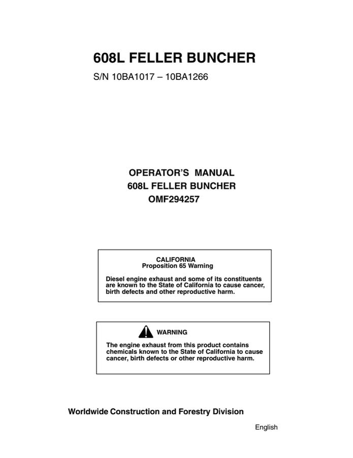 John Deere 608L Feller Buncher Feller buncher Operator manual OMF294257 — actual manual cover