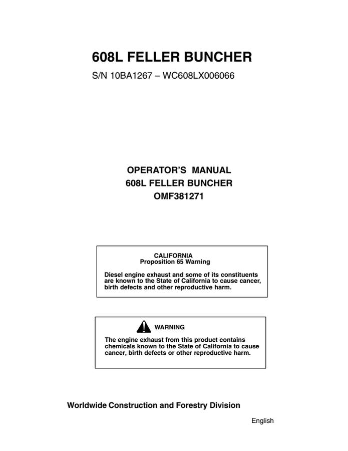 John Deere 608L Feller Buncher Feller buncher Operator manual OMF381271 — actual manual cover