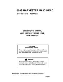 John Deere 608S Harvester; 762C Head Harvester Operator manual OMF294625_02 — actual manual cover