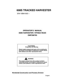 John Deere 608S Tracked Harvester; HTH622 Head Harvester Operator manual OMF296793 — actual manual cover