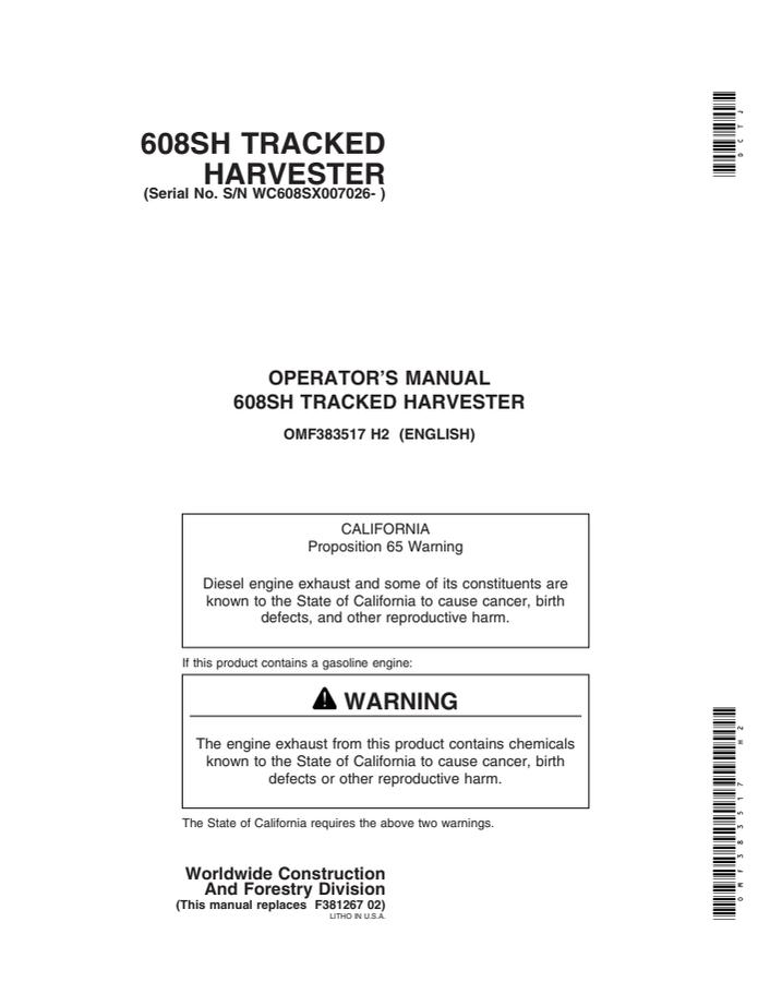 John Deere 608SH Tracked harvester Operator's manual OMF383517 — actual manual cover