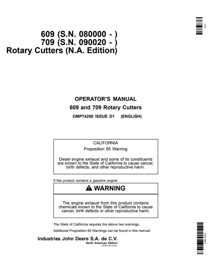 John Deere 609, 709 Rotary cutter Operator's manual OMP74200 — actual manual cover