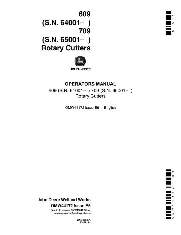 John Deere 609 (serial 64001 and higher); 709 (serial 65001 and higher) Rotary cutter Operator manual OMW44172 — actual manual cover