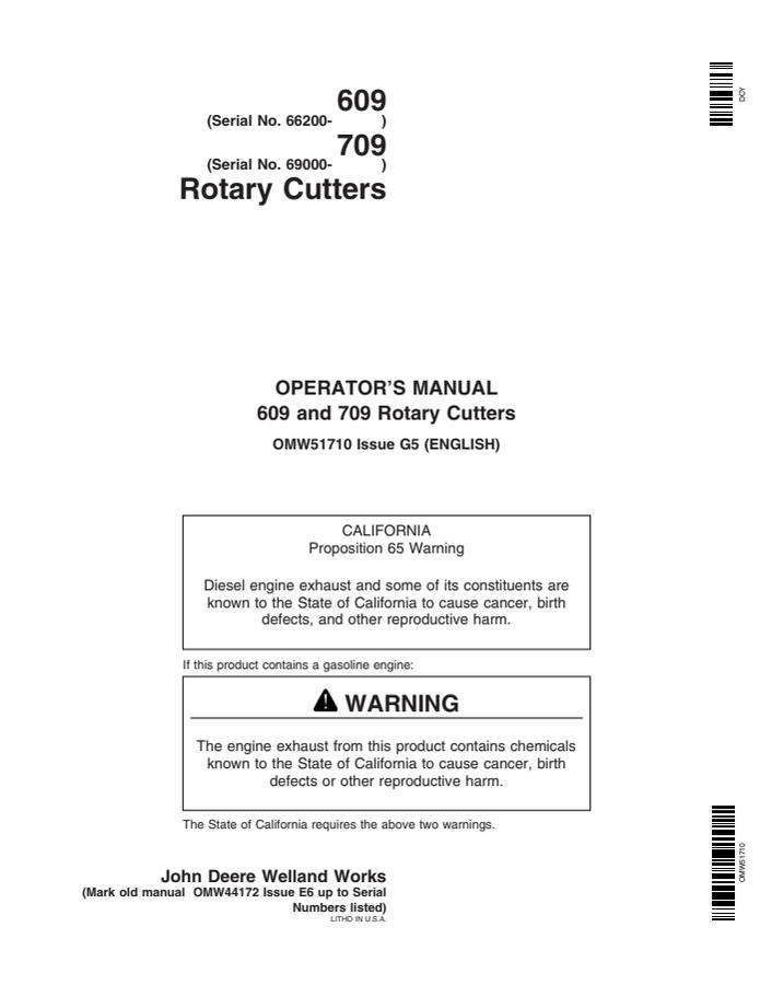 John Deere 609 (serial 66200 and higher); 709 (serial 69000 and higher) Rotary cutter Operator manual OMW51710 — actual manual cover