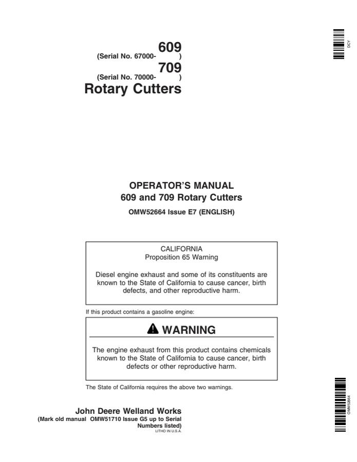 John Deere 609 (serial 67000 and higher); 709 (serial 70000 and higher) Rotary cutter Operator manual OMW52664 — actual manual cover