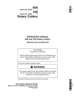 John Deere 609 (serial 67500 and higher); 709 (serial 70500 and higher) Rotary cutter Operator manual OMW53343 — actual manual cover