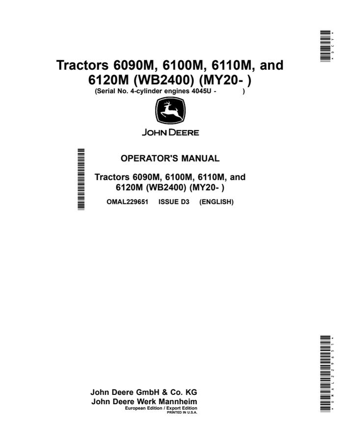 John Deere 6090M; 6100M; 6110M; 6120M WB2400 MY20+ Tractor Operator manual OMAL229651 — actual manual cover