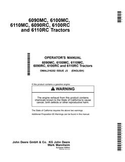John Deere 6090MC; 6100MC; 6110MC; 6090RC; 6100RC; 6110RC Tractor Operator manual OMAL216252 — actual manual cover