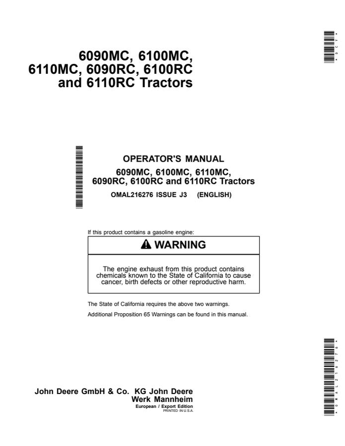 John Deere 6090MC; 6100MC; 6110MC; 6090RC; 6100RC; 6110RC Tractor Operator manual OMAL216276 — actual manual cover
