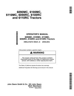 John Deere 6090MC; 6100MC; 6110MC; 6090RC; 6100RC; 6110RC Tractor Operator manual OMAL216276 — actual manual cover