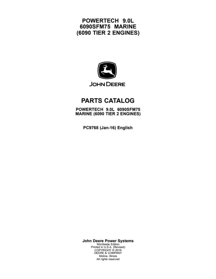 John Deere 6090SFM75 Engine Parts catalog PC9768 — actual manual cover