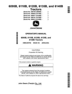 John Deere 6095B, 6110B, 6120B, 6135B, 6140B Tractor Operator manual OMSU59780 — actual manual cover