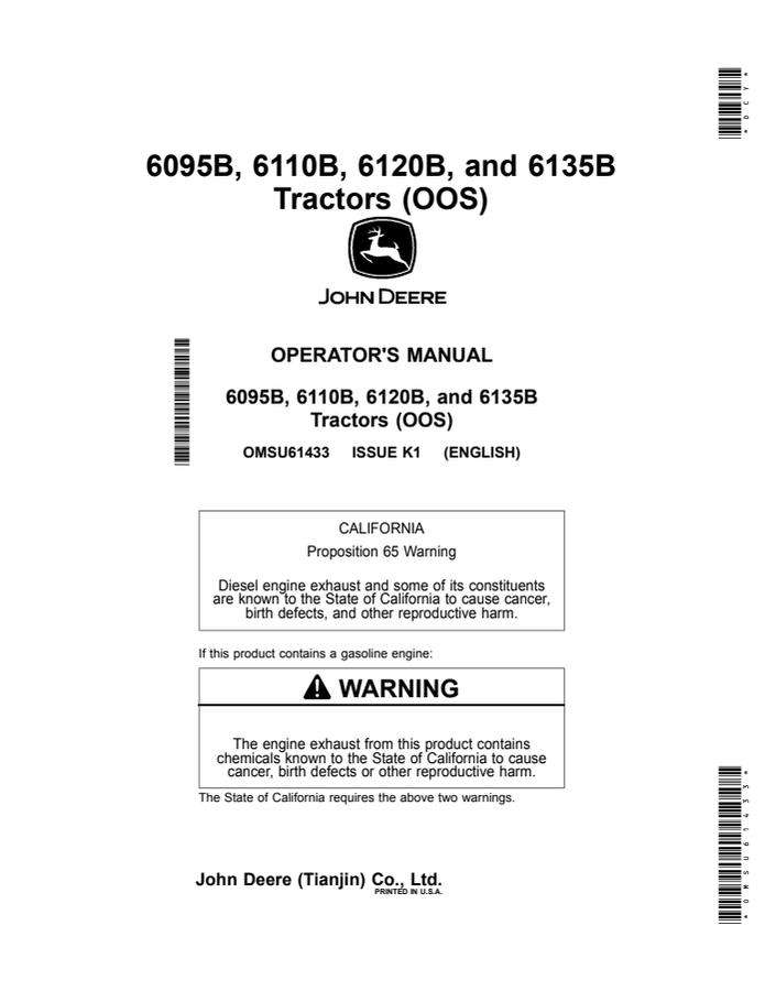John Deere 6095B; 6110B; 6120B; 6135B OOS Tractor Operator manual OMSU61433 — actual manual cover