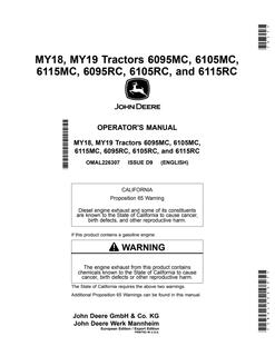 John Deere 6095MC; 6105MC; 6115MC; 6095RC; 6105RC; 6115RC MY18–MY19 Tractor Operator manual OMAL226307 — actual manual cover