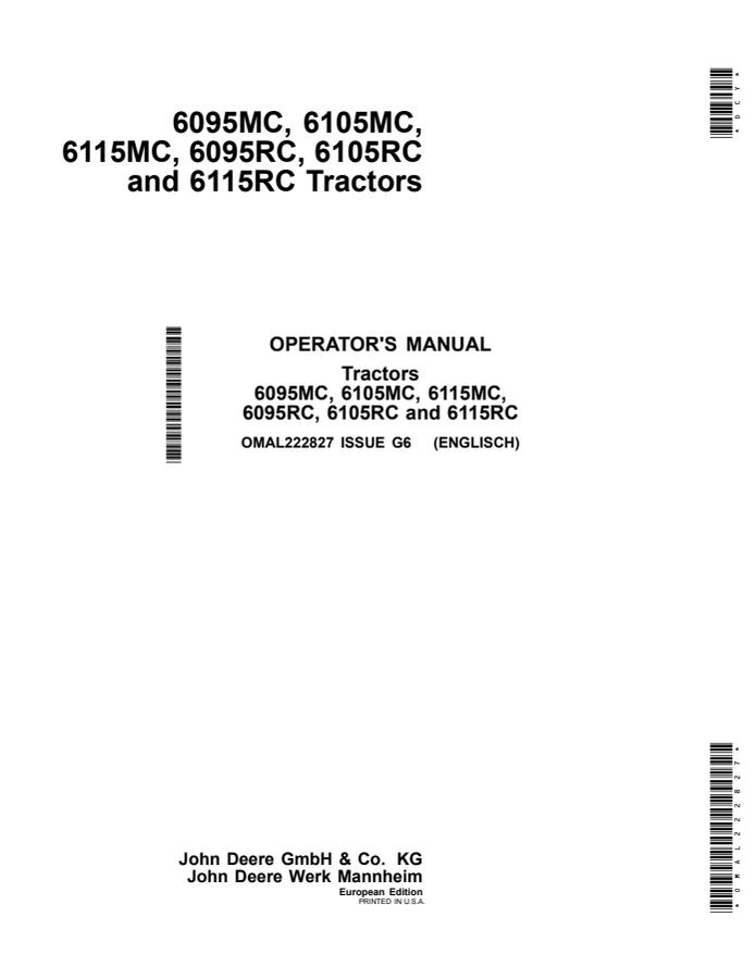 John Deere 6095MC; 6105MC; 6115MC; 6095RC; 6105RC; 6115RC Tractor Operator manual OMAL222827 — actual manual cover