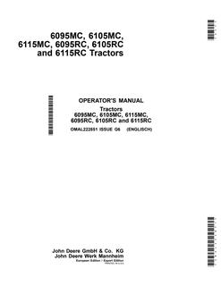 John Deere 6095MC, 6105MC, 6115MC, 6095RC, 6105RC, 6115RC Tractor Operator manual OMAL222851 — actual manual cover