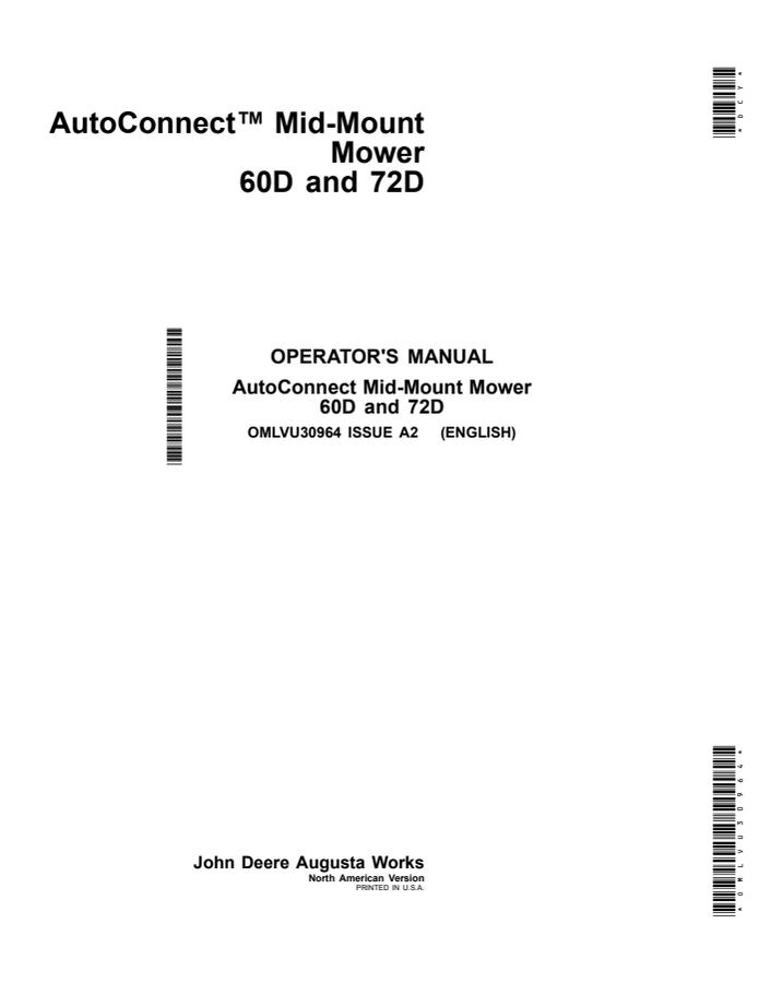 John Deere 60D; 72D AutoConnect Mid-Mount Mower Mower Operator manual OMLVU30964 — actual manual cover