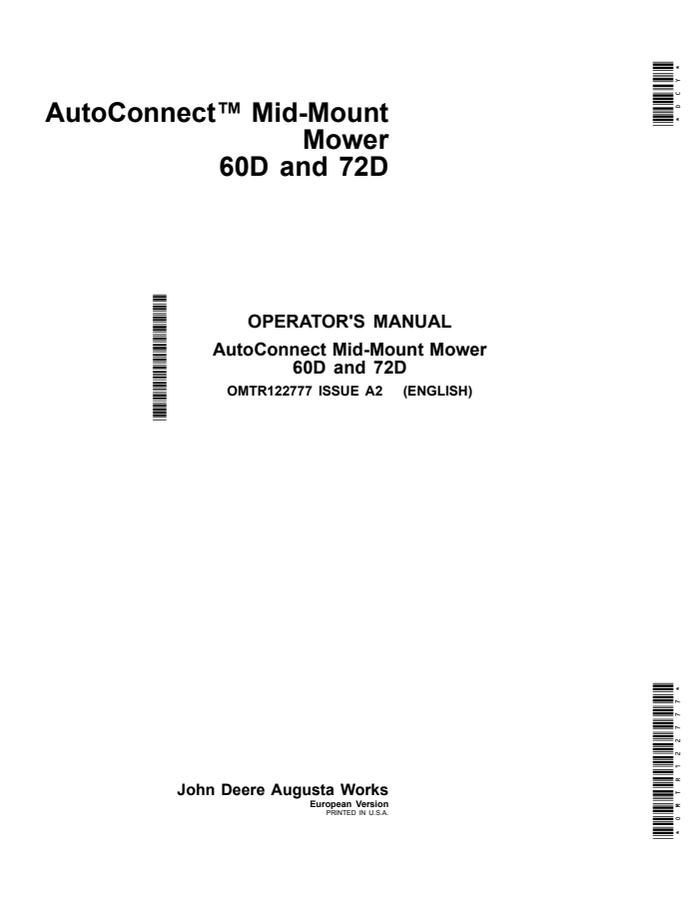 John Deere 60D; 72D AutoConnect Mid-Mount Mower Mower Operator manual OMTR122777 — actual manual cover