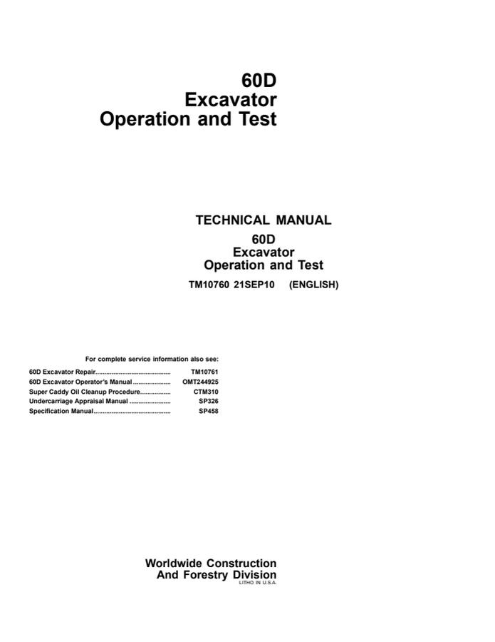 John Deere 60D Excavator Operation and test manual TM10760 — actual manual cover