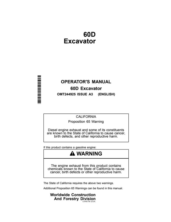John Deere 60D Excavator Operator manual OMT244925 — actual manual cover