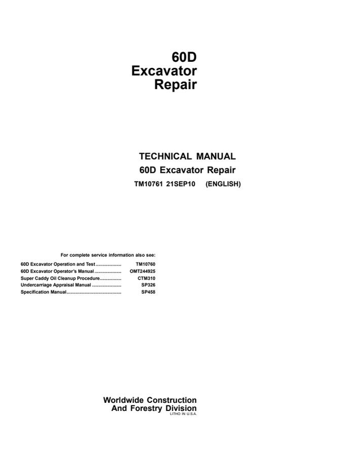John Deere 60D Excavator Repair technical manual TM10761 — actual manual cover