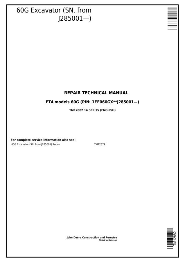 John Deere 60G Excavator Repair Technical Manual TM12882 — actual manual cover