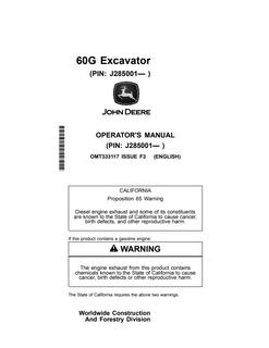 John Deere 60G; PIN J285001 and higher Excavator Operator manual OMT333117 — actual manual cover