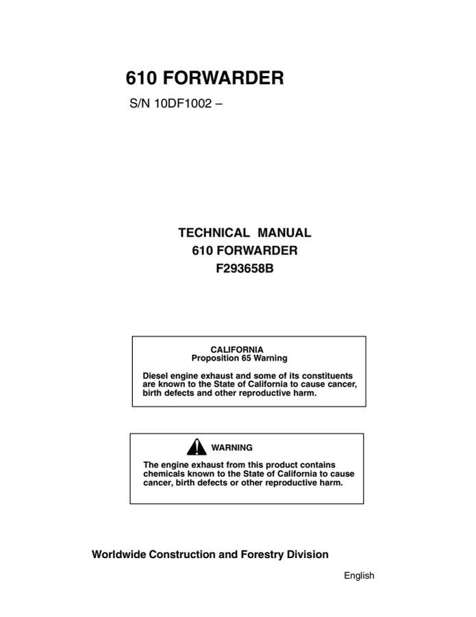 John Deere 610 Forwarder Technical Manual F293658B — actual manual cover