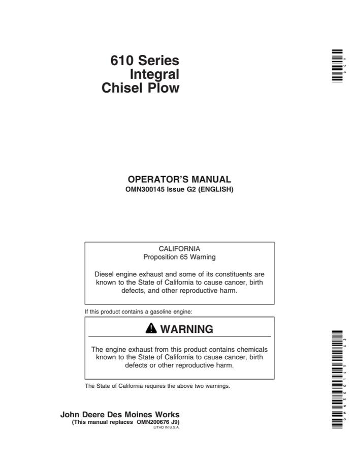 John Deere 610 Series Chisel plow Operator manual OMN300145 — actual manual cover
