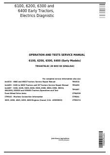 John Deere 6100, 6200, 6300, 6400 (early models) Tractor Electrical operation and tests service manual TM4487ELEC — actual manual cover