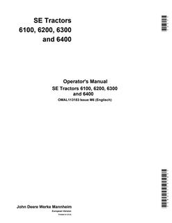 John Deere 6100; 6200; 6300; 6400 SE Tractor Operator manual OMAL113183 — actual manual cover