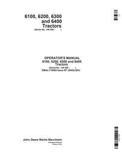 John Deere 6100; 6200; 6300; 6400 Tractor Operator manual OMAL110985 — actual manual cover