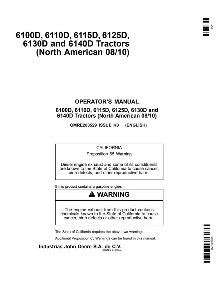 John Deere 6100D; 6110D; 6115D; 6125D; 6130D; 6140D Tractor Operator manual OMRE283529 — actual manual cover