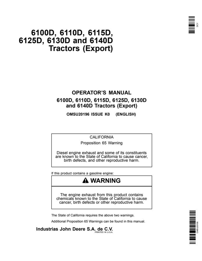 John Deere 6100D; 6110D; 6115D; 6125D; 6130D; 6140D Tractor Operator manual OMSU20196 — actual manual cover