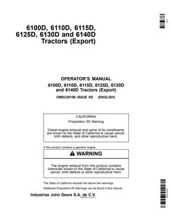 John Deere 6100D; 6110D; 6115D; 6125D; 6130D; 6140D Tractor Operator manual OMSU20196 — actual manual cover