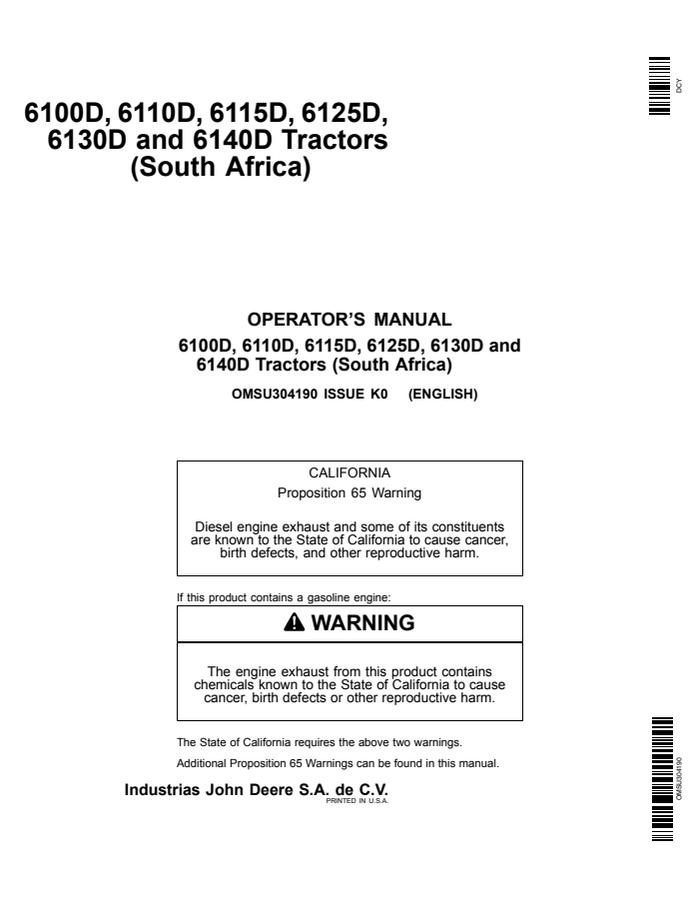 John Deere 6100D; 6110D; 6115D; 6125D; 6130D; 6140D Tractor Operator manual OMSU304190 — actual manual cover