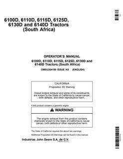 John Deere 6100D; 6110D; 6115D; 6125D; 6130D; 6140D Tractor Operator manual OMSU304190 — actual manual cover