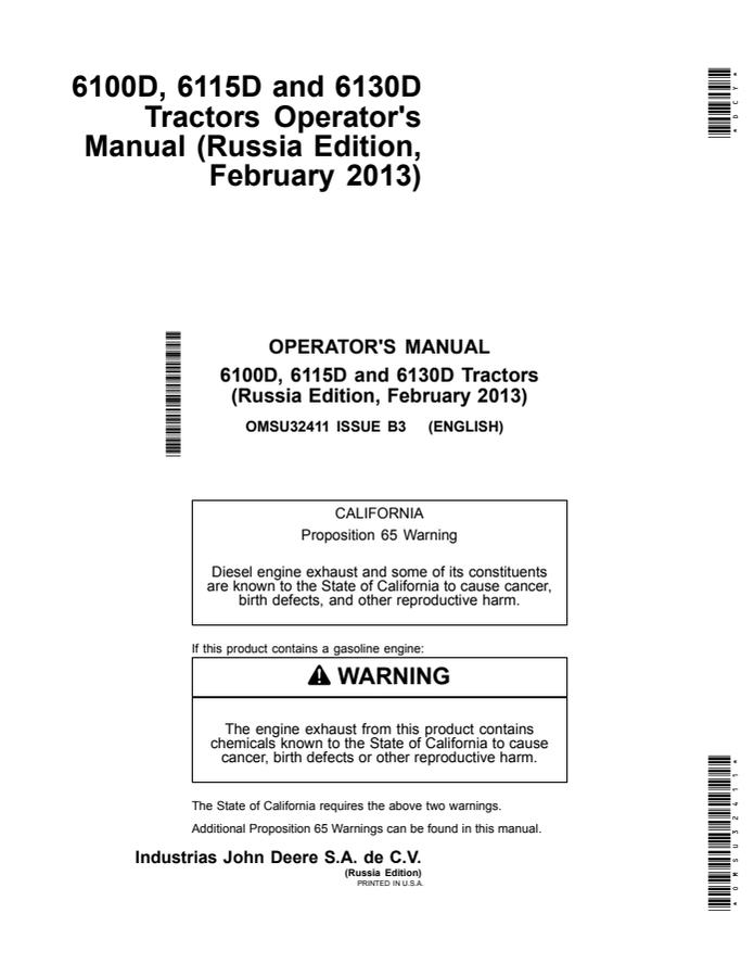 John Deere 6100D; 6115D; 6130D Tractor Operator manual OMSU32411 — actual manual cover