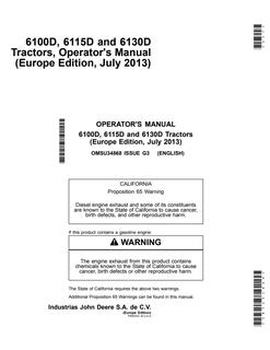 John Deere 6100D; 6115D; 6130D Tractor Operator manual OMSU34868 — actual manual cover