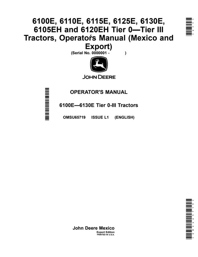 John Deere 6100E; 6110E; 6115E; 6125E; 6130E; 6105EH; 6120EH Tier 0–Tier III Tractor Operator manual OMSU65719 — actual manual cover