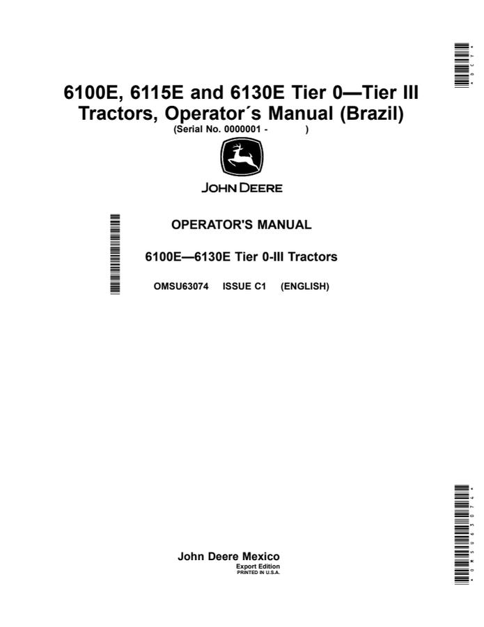 John Deere 6100E; 6115E; 6130E Tier 0–Tier III Tractor Operator manual OMSU63074 — actual manual cover