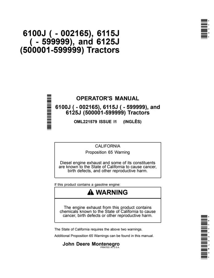 John Deere 6100J (through 002165); 6115J (through 599999); 6125J (500001–599999) Tractor Operator manual OML221579 — actual manual cover